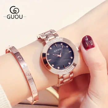 

GUOU Luxury Full Rhinestone Women Dress Leisure Watches Ladies Full Steel Simple Business Bracelet Rose Gold Quartz Wristwatch