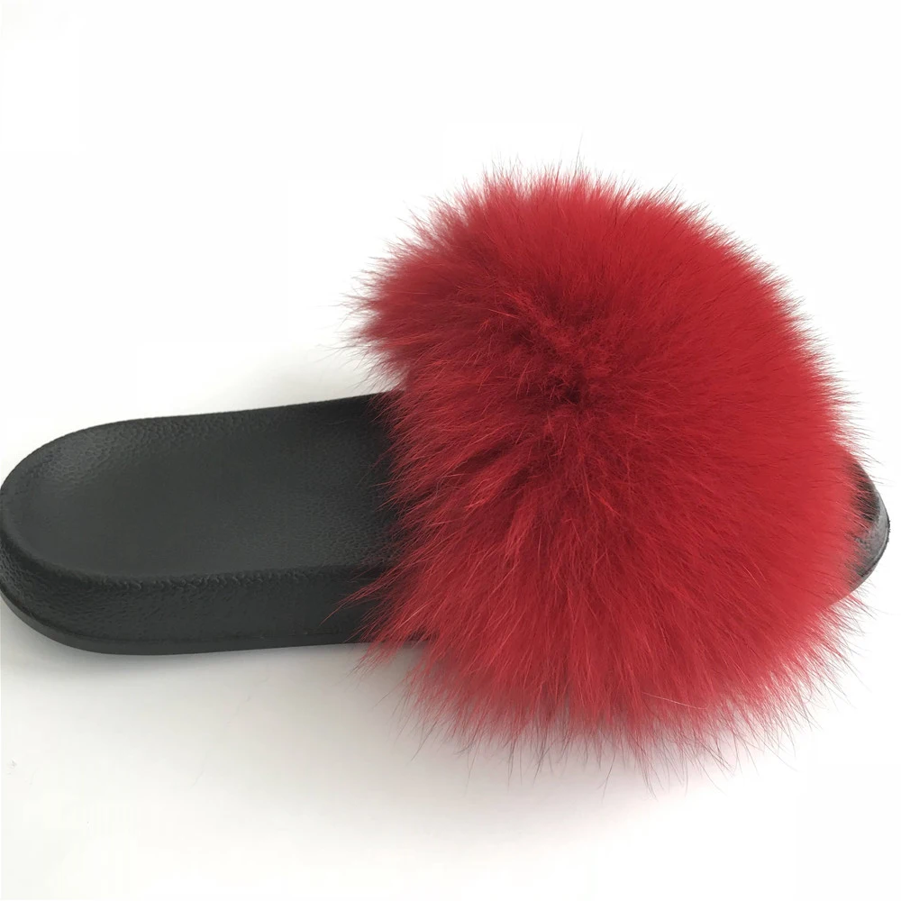 FunFur/модные летние женские шлепанцы красные сандалии с натуральным лисьим мехом