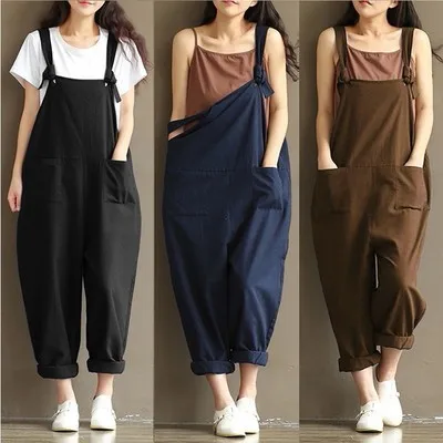 

Casual Cotton Linen Women Jumpsuits Full Length Loose Plus Size New Strap Pocket Rompers Leisure Harem Pants Female Streetwear
