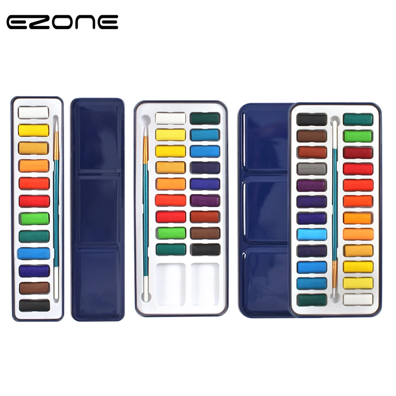 Beste EZONE Blauwe Doos Aquarel Pigment Met Schilderij Borstel Kleur Pigment DIY Schilderij Tekening Gereedschap Kit School Office Art Supplies