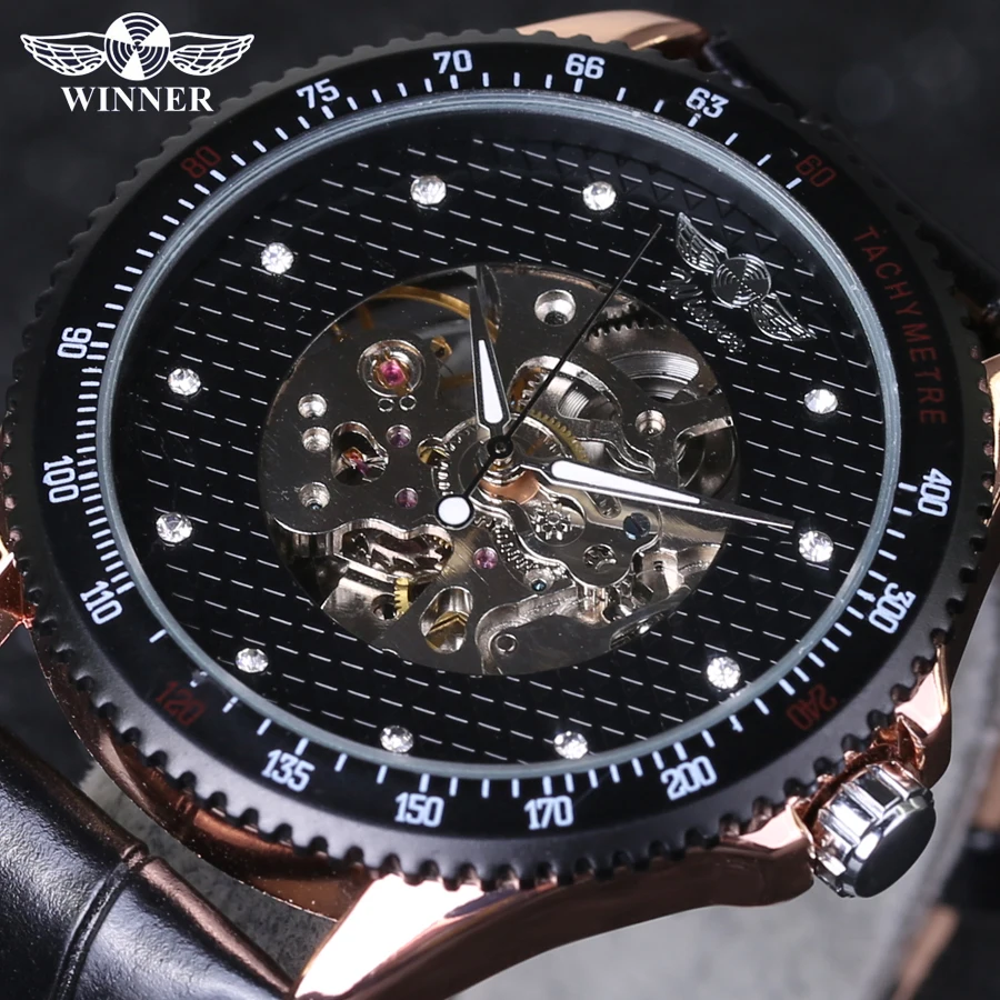 

2016 WINNER Luxury Hollow Skeleton Mechanical Watch Leather Strap Strange Dial Men Top Gift Automatic Self-Wind Wristwatch
