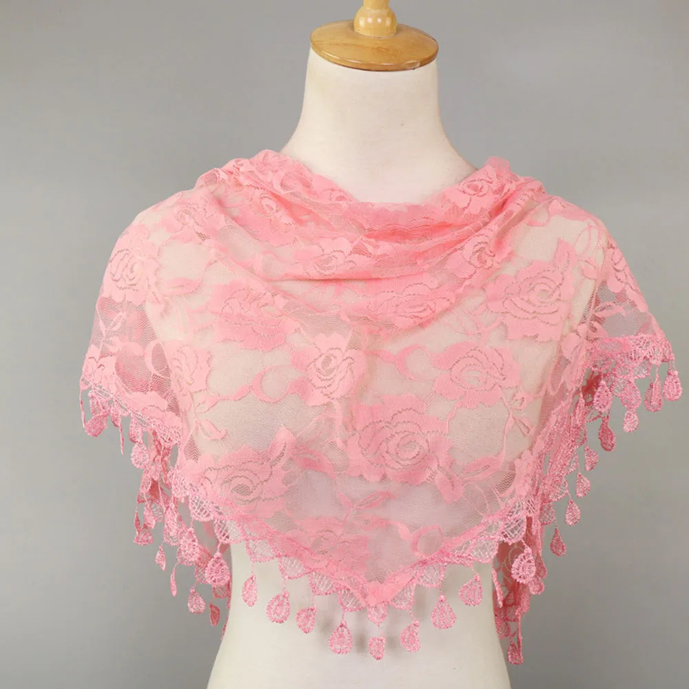

Women Lace Tassel Rose Floral Knit Triangle Mantilla Women Shawl scarves