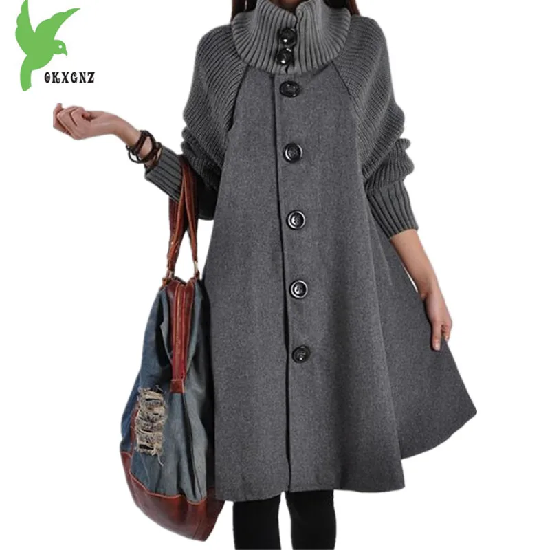 

OKXGNZ New Women autumn Knit woolen stitching jackets Plus size Windbreaker coats Loose cloak Outerwear Thick sweater coats 1326