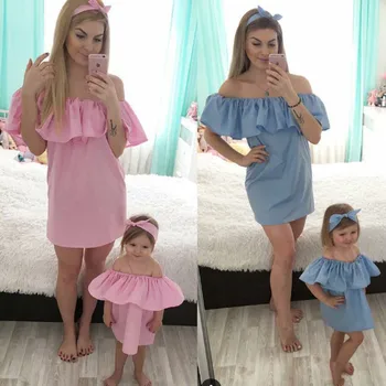 

Off Shoulder Women Dress Family Matching Clothes Summer Mother and Daughter Dresses Solid Color Girls Clothes H0194