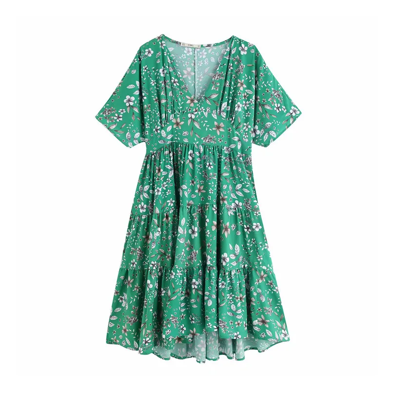 

Women elegant floral print V neck maxi green dress short sleeve asymmetry female casual summer wear dresses
