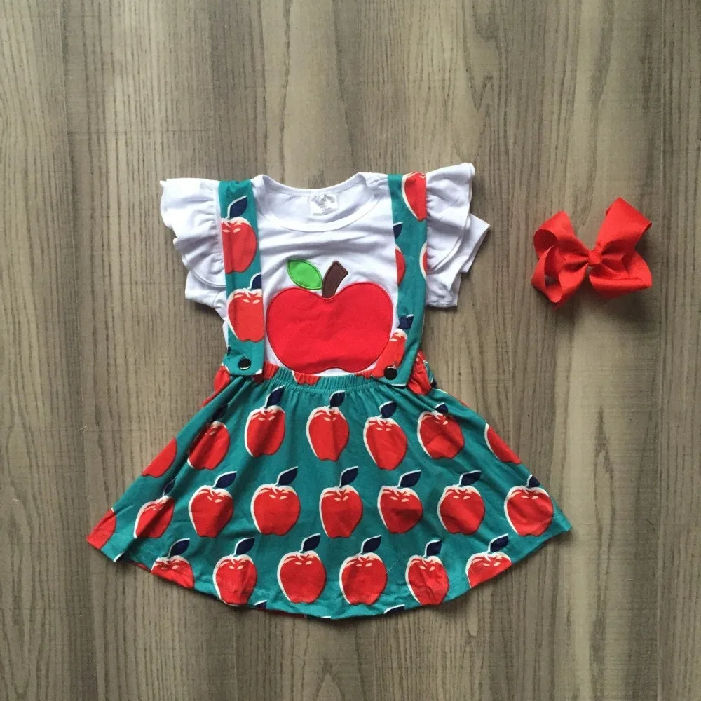 

new arrival cotton baby girls boutique jade white short top apple ruffle skirt back to school outfits with match bow kenn lwngth