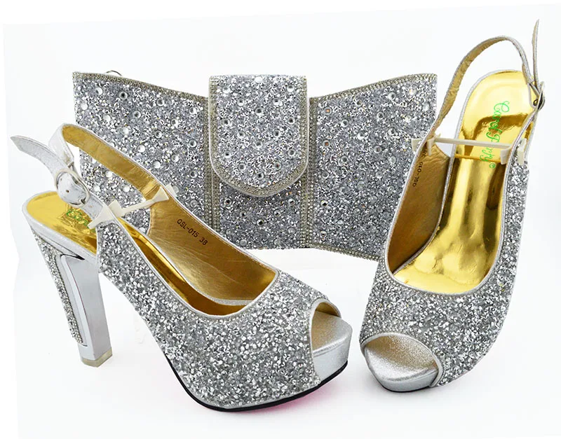 

Fashion silver italian shoes and bag matching set with big size 38-43 high heel shoe and bag free shipping shoes bag SB8364-1