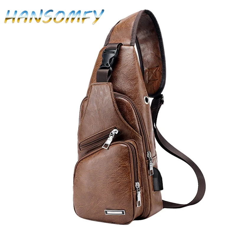 Нагрудная сумка для мужчин кожаный нагрудный пакет USB рюкзак с наушниками черный/коричневый отверстие функциональный дорожный органайзер Мужской Слинг Сумка X2-18