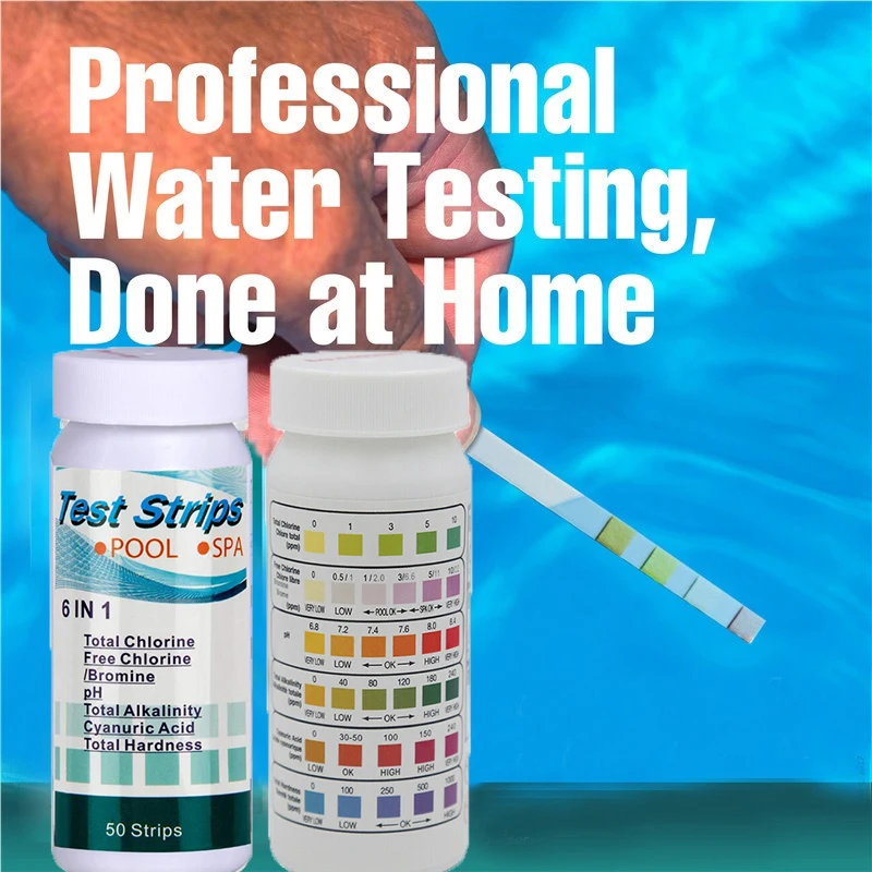 

50 Pcs 6-In-1 Swimming Pool PH Test Paper Residual Chlorine PH Value Alkalinity Hardness Test Strip PH Tester Pool Test Strips