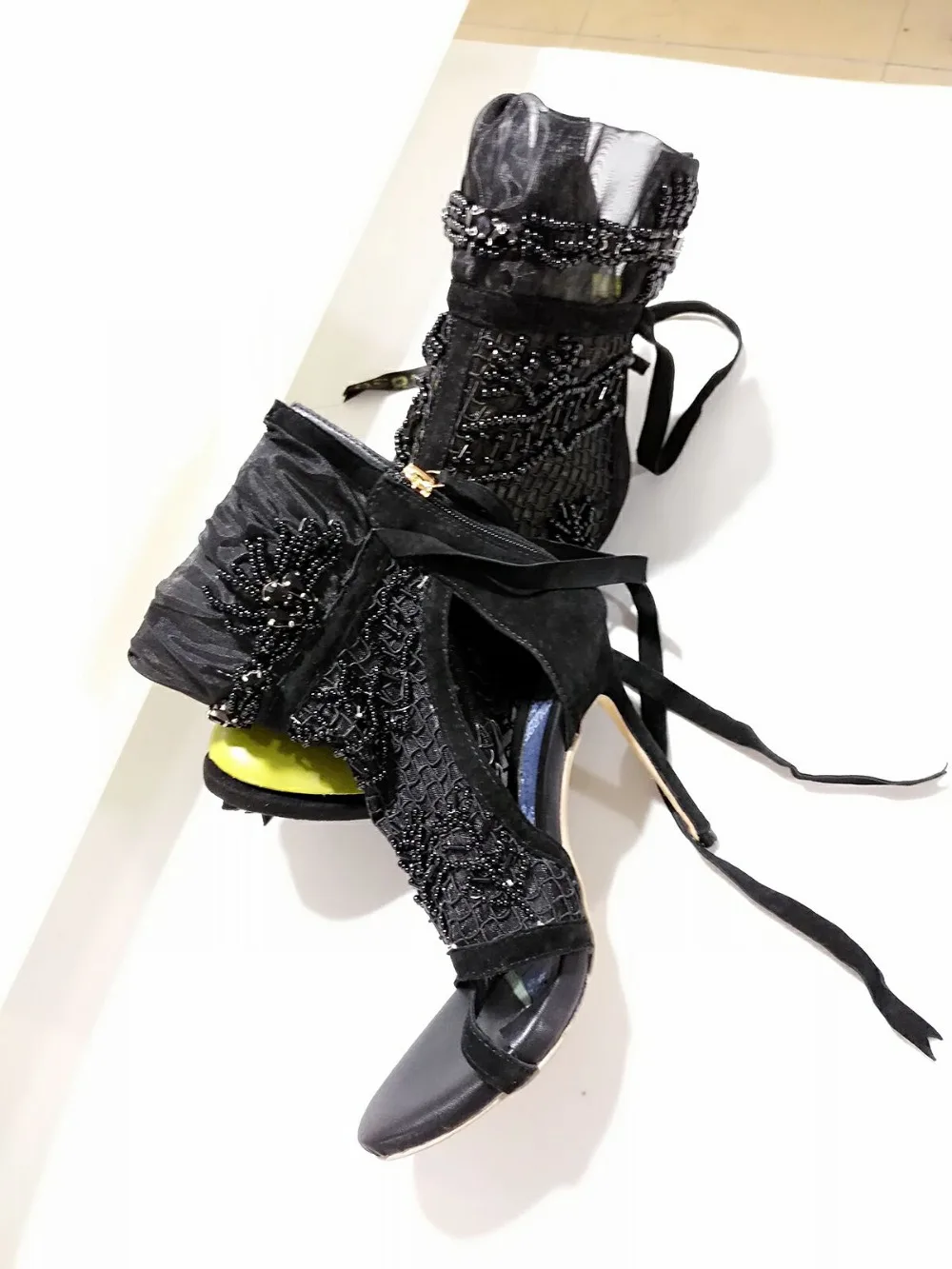 

Eunice Choo Sexy Cut-outs Black Party Sandals Flower Decoration Mesh Summer Ankle Boots High Heels Zipper Dress Pumps