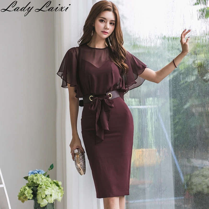

2019 Summer New Korean Pencil dress Office OL Dress Women batwing Sleeve Bodycon Dress Fashion Sheath Dress with sashes