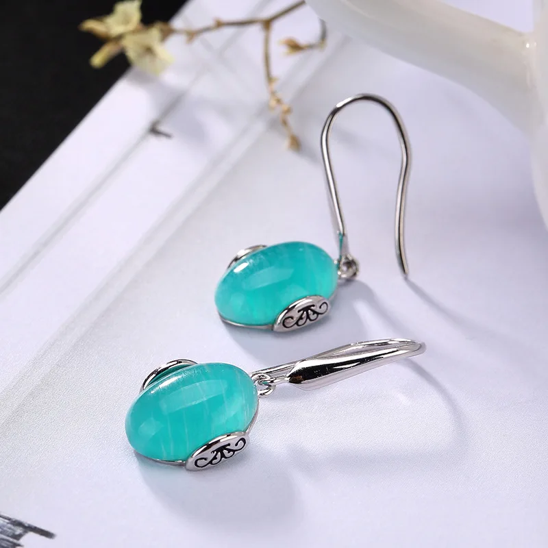 

100% 925 Sterling Silver Natural Blue Amazonite Drop Earrings Vintage Engraved Patterns Women Dress Brincos Ethnic Jewelry Gifts