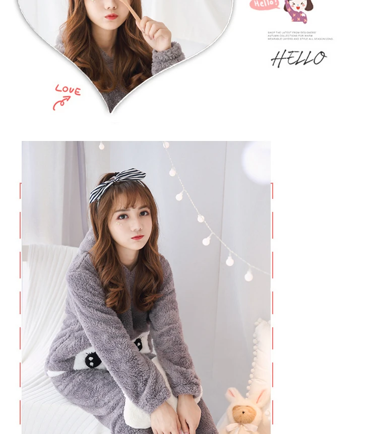 Women Cartoon Pajamas Hooded Clothing Two Piece Suits Night Wear Clothes Female Winter Autumn Pajama Nighty Flannel 2018 JW307 (15)