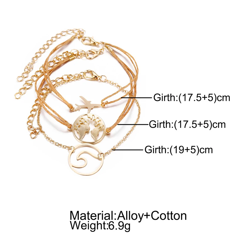 Золотые браслеты с картой мира, набор для женщин, креативные металлические браслеты с подвеской в виде самолета, пляжные украшения, карта земли, рождественские подарки