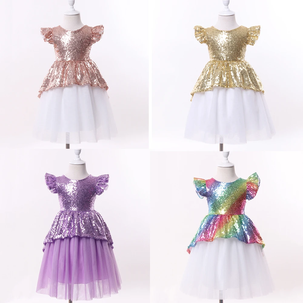 С цветочным узором для девочек, платье с фатиновой юбкой для малышей платье-пачка с пайетками в Радужное летнее платье для девочек; детское платье с низким вырезом на спине вечерние платье подружки невесты торжественное открытое женское платье без рукавов с повязкой на голову