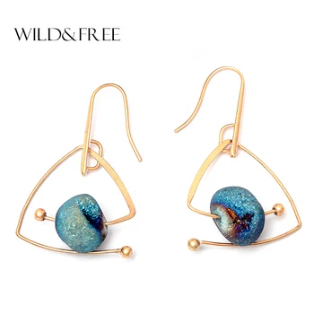 

Wild&Free Hot Blue Natural Stone Drop Earrings For Women Vintage Gold Copper Triangle Geometric Dangle Earring Jewelry Wholesale