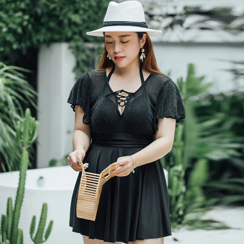 

Plus Size XL-5XL Swimwear Women 2019 New One Piece Black Swimsuit Push Up Bathing Suit Female Short Sleeve Swim Wear Swimdress