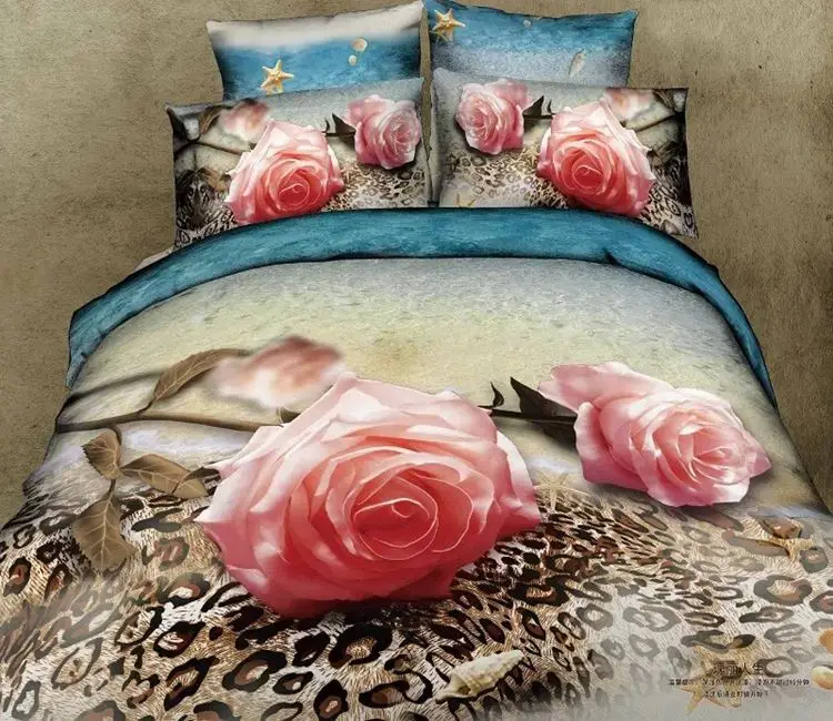 3D Pink rose leopard print cotton bedding comforter set queen size