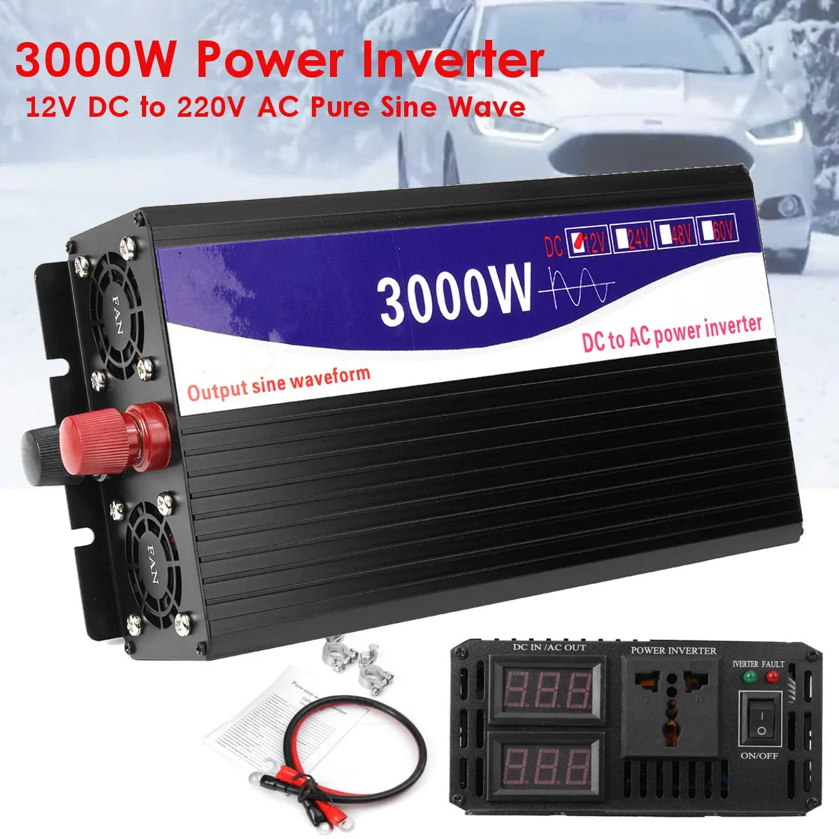 

Car 3000W Power Inverter LED Display 12V DC to 220V AC Pure Sine Wave Converter Transmitter Transformer Power Inverter