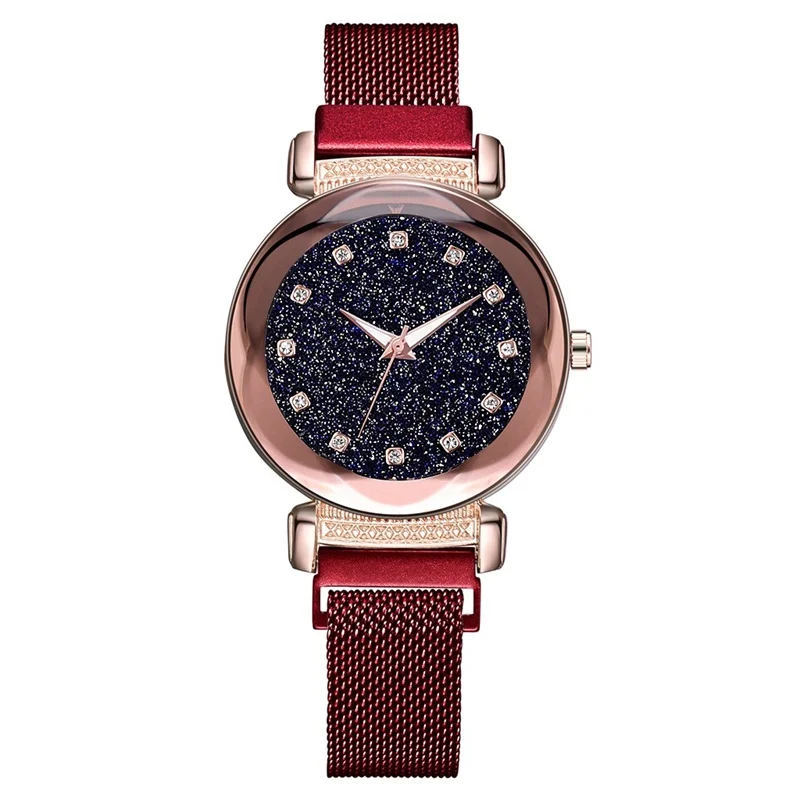 Роскошные часы для женщин модные с магнитным сетчатым ремешком звездное небо женские наручные часы со стразами Светящиеся женские кварцевые часы Reloj Mujer - Цвет: Красный