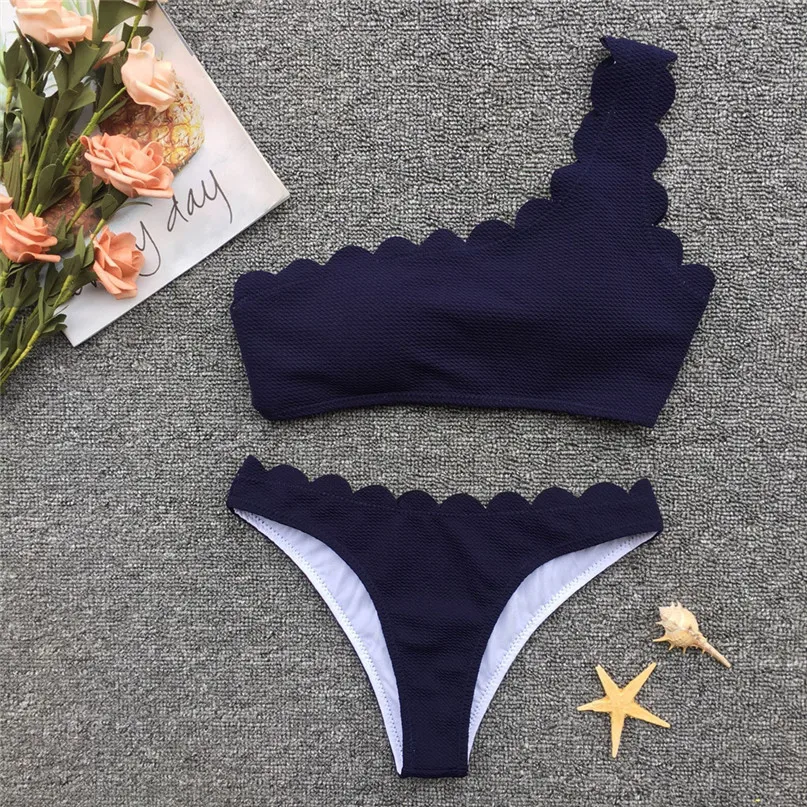 Sexy Bikinis Set Women Solid Color One Shoulder Wavy Bikini Set Swimwear Beach Swimsuit for Vacation #2d06 (9)