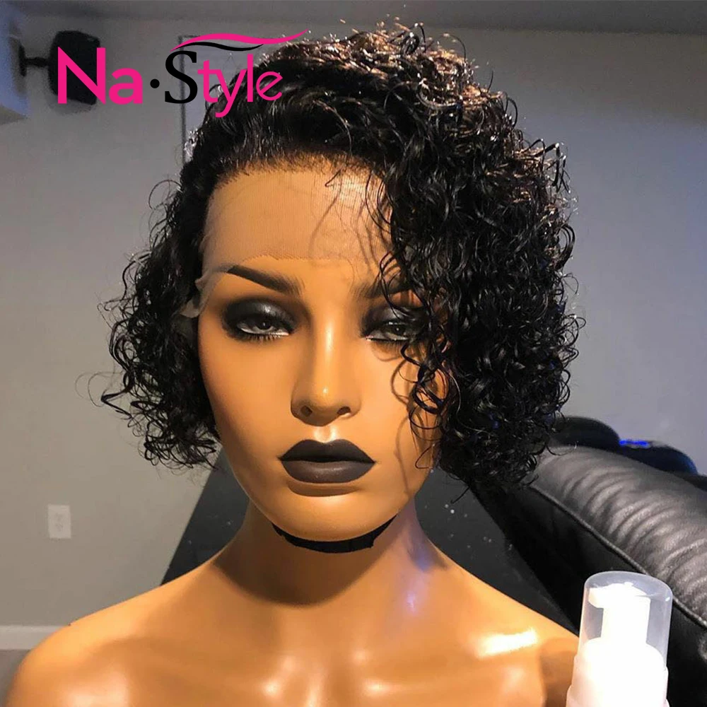 Online Peluca de encaje de corte pitillo predesplumado corte contundente Bob pelucas de cabello humano corto rizado 13x6 pelucas de cabello humano frontal de encaje sin pegamento