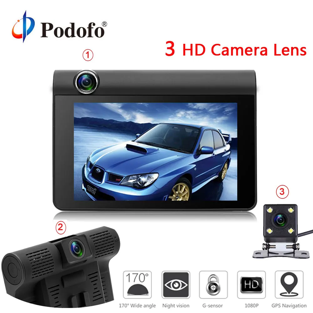 

Podofo 4.0" Car Cameras Three Cameras Car dvr With Radar Detector GPS 3 in 1 Loop video Rearview dashcam Camcorder Radar Speed
