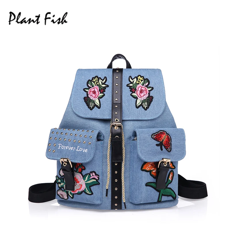 Fashion Denim Canvas Women Backpacks Shoulders Bag Customs Embroidery Floral Vintage Fashion Big Size Lady Back packs