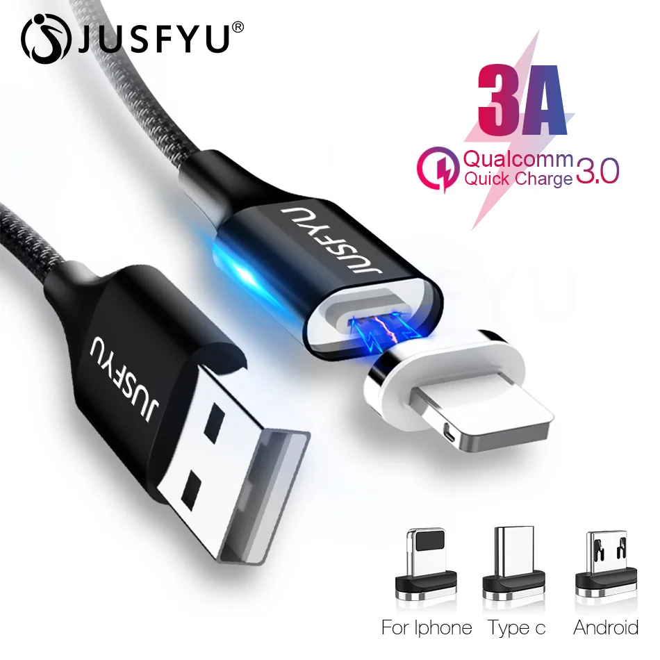 JUSFYU Магнитный Usb кабель для зарядки Micro Usb type C магнит быстрое зарядное устройство провод шнур 3a для iphone samsung Redmi Note 7 8 данных USB