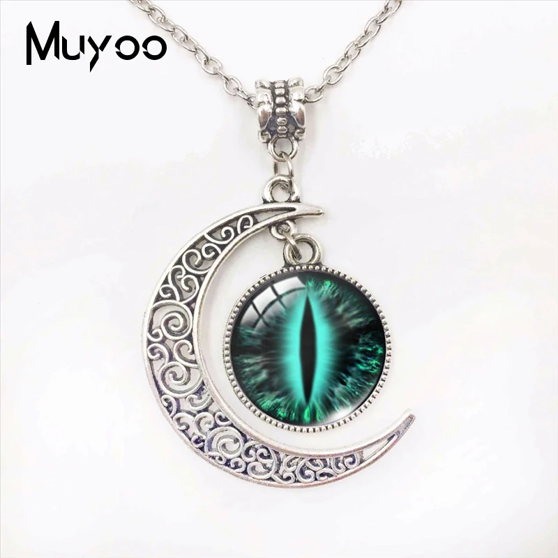 

Colorful Cats Eyes Dragon Eyes Design Moon Pendants Handmade Vintage Cat Eyes Glass Dome Moon Necklace
