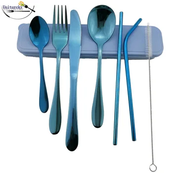 

16PCS/LOT Blue Western Cutlery With Straw Brush Box Dinnerware Set Stainless Steel Silverware Set Serving Knife Fork Scoop For 4