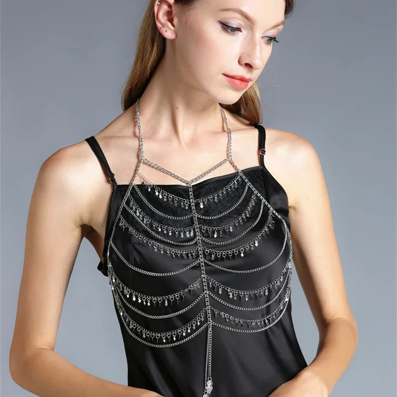 

Boho Sexy Women Golden Color Chunky Body Chain Multilayer Tassel Metal Chain Bra Waist Chain Statement Body Jewelry