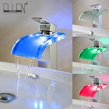 Temperatura controlada del envío libre led grifo del lavabo caño cascada de vidrio baño buque fregadero grifo mezclador de agua fría y caliente