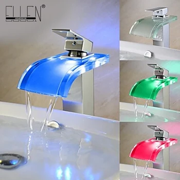 

Free shipping temperature controlled led basin faucet bathroom glass spout waterfall vessel sink cold and hot water tap mixer