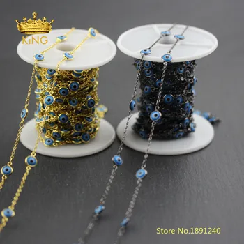 

5Meters 6mm Blue Evil Eye Enamel Beaded Chains Supplies,Coin Enamel Wire Wrapped Plated Gold/Gunmetal Copper Links Chains BH52