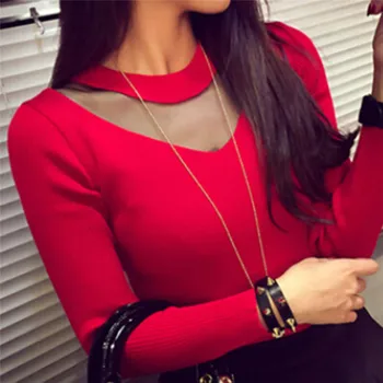 

New Fashion Women Sexy Long Sleeve Slim Mesh Sheer Splicing Knitwear Shirts Tops Hot Fashion