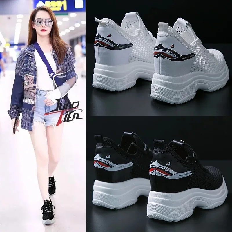 

Dumoo 2018 Summer Breathable Women Shoes Sneakers High Heel 8cm Lady Casual White Shoes Leisure Platform Height Increasing Shoes