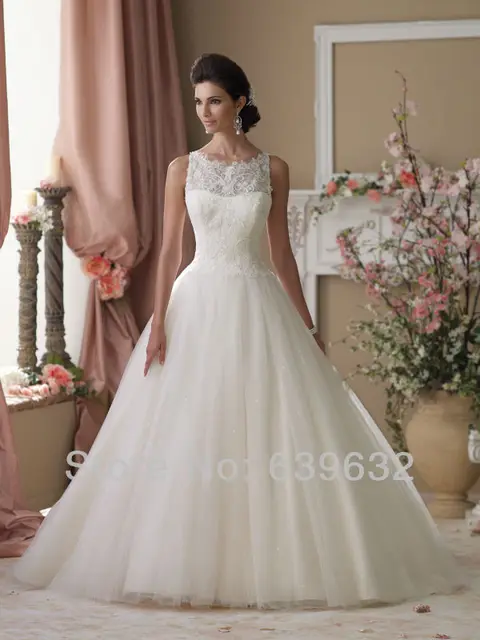 Illusion Lace Neckline And Back Bodice Sleeveless Chantilly Illusion Lace Neckline And Back Bodice Sleeveless Chantilly Tulle Skirt Ball Gown Wedding Dress