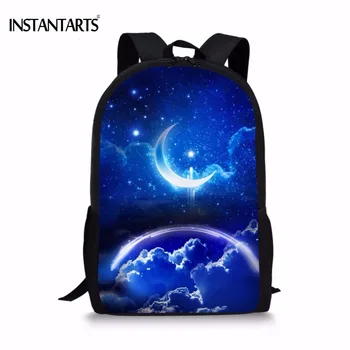

INSTANTARTS Blue 3D Galaxy Moon Space Printed Backpacks for Teenager Boys Fashion Men Laptop Daypacks School Students Schoolbags