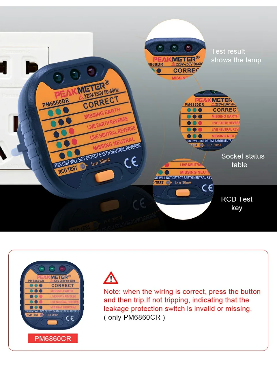 PEAKMETER PM6860 серия тестовая розетка er 110 В/220 В с GFCI RCD тест автоматический детектор электричества диагностический