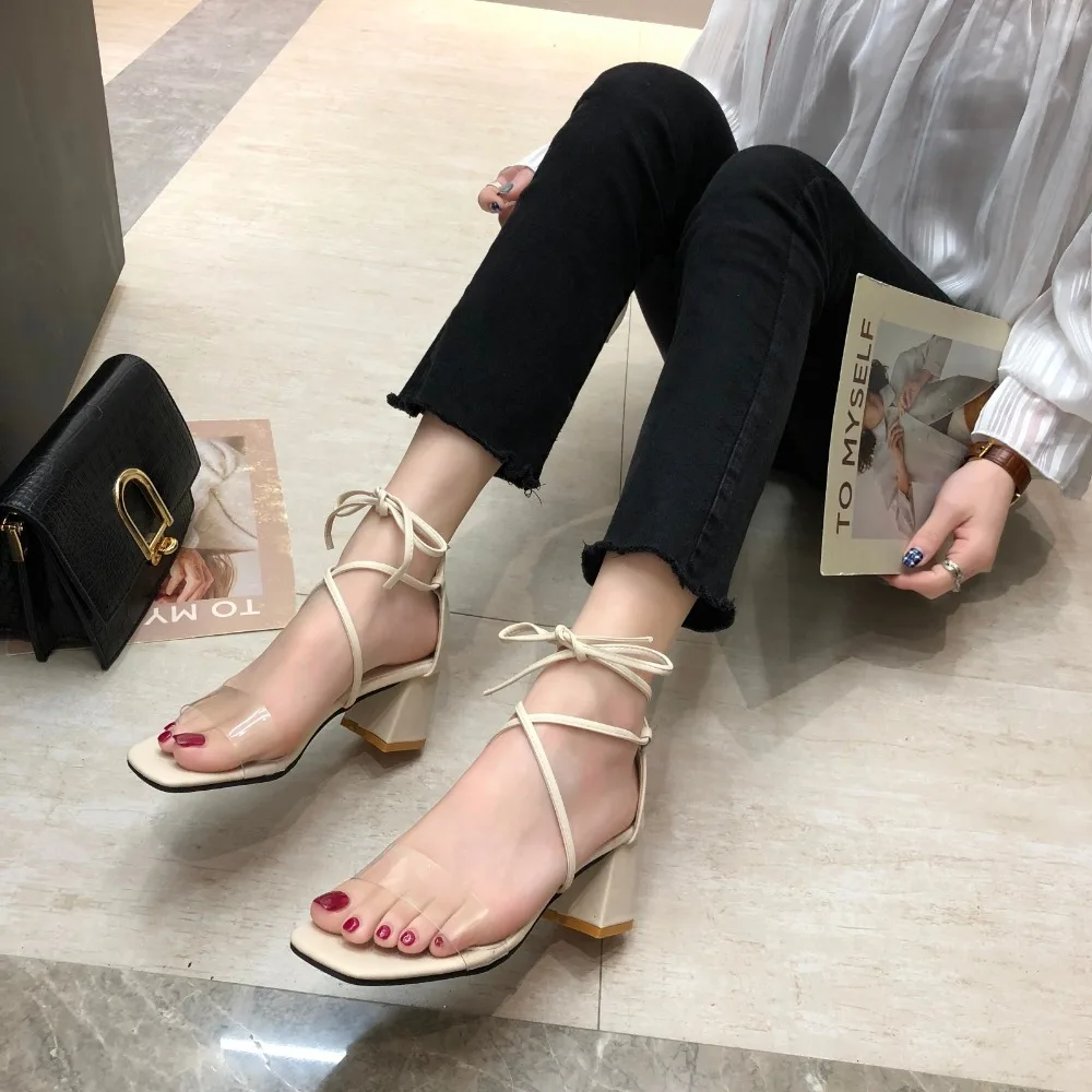 

2019 Fashion Ladies Shoes Summer High Heel Female Shoes PVC Transparent Pumps Square Heel Ankle Strap Womens Shoes