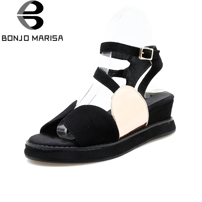 

BONJOMARISA 2018 Kid Suede Fashion Large Size 33-41 Buckle Strap Summer Sandals Woman Shoes Black Increasing Heel Shoes Woman