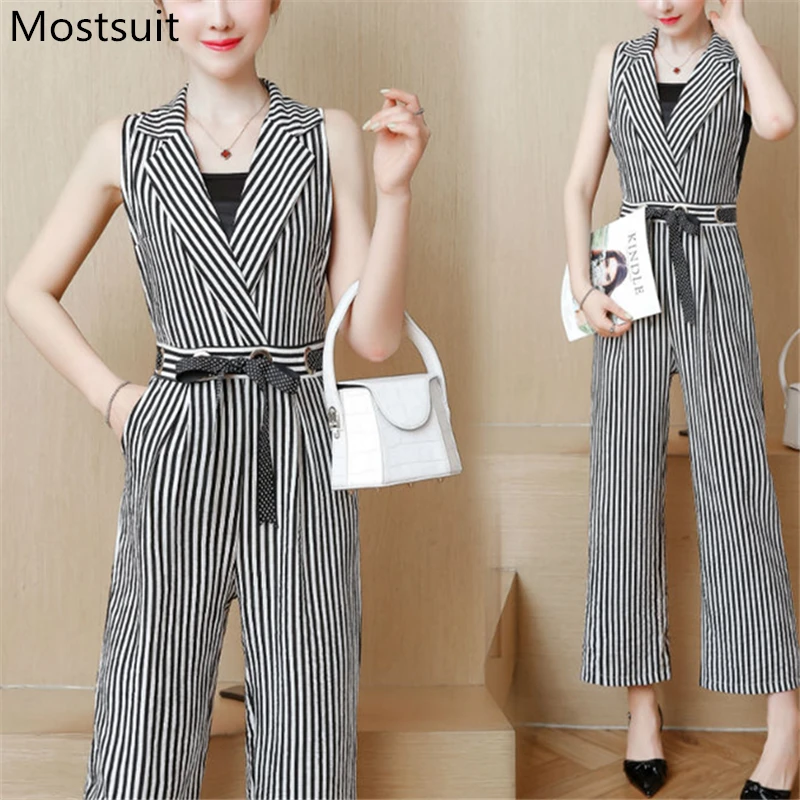 

M-2xl Black Red Striped Long Jumpsuit Women Summer Fashion Elegang Formal Jumpsuits Sleeveless Bodysuit Body Femme Korea Style