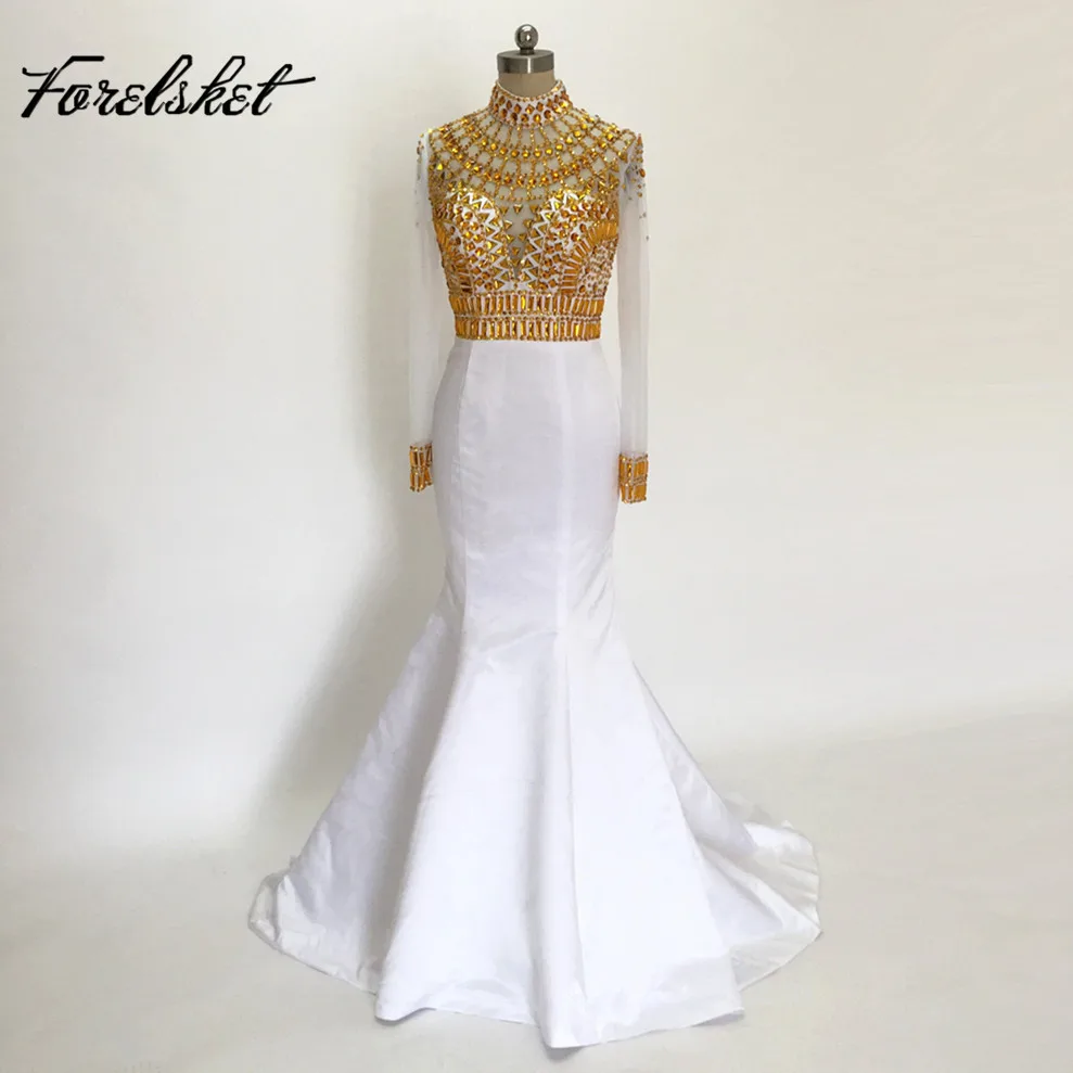 Long sleeves prom dresses 2017 white and gold Crystal Beading Handwork