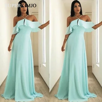 SuperKimJo-vestido azul claro para Dama De Honor, chifón largo, barato, Halter, Sexy, para fiesta De boda, 2020