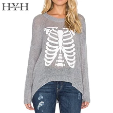 HYH HAOYIHUI 2016 Brand New Autumn Women Sweater Skeleton Print Crew Neck Long Sleeve Pullover Solid Gray Knitting Sweater waviness jacquard crew neck long sleeve sweater
