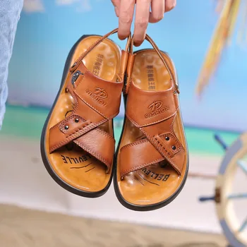 

leather sandals for men's leisure and non-skid beach shoes for summer 2019 Men's slippers with cowhide upper for men's sandals
