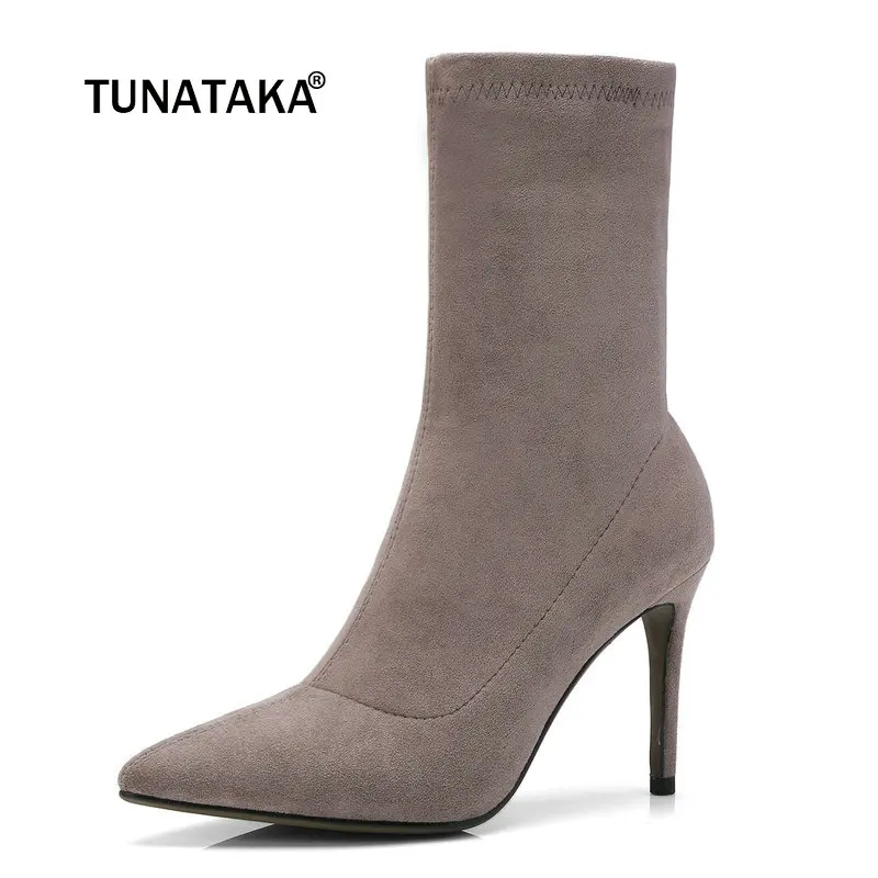 

Women Suede Thin High Heel Ankle Boots Fashion Slip On Pointed Toe Fall Winter Bootie Black Gray Wine Red