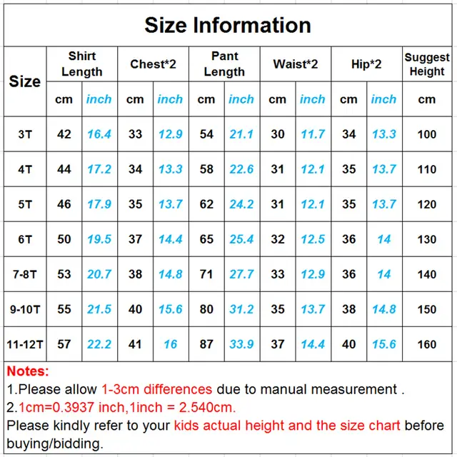 Teenage Clothing Size Chart