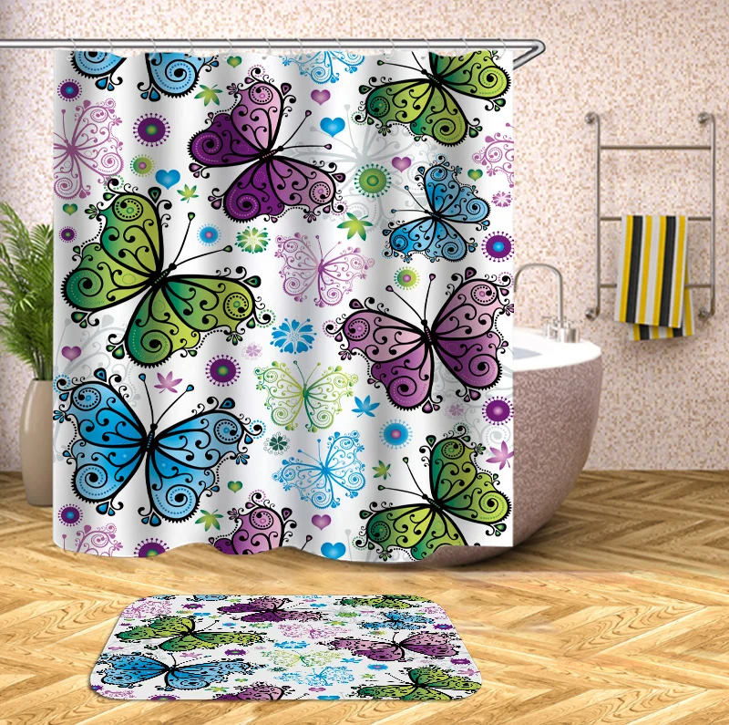 

Bathroom Curtains Animals Butterfly Print Waterproof Bath Screens Home Decoration Shower Curtain with 12 Hooks